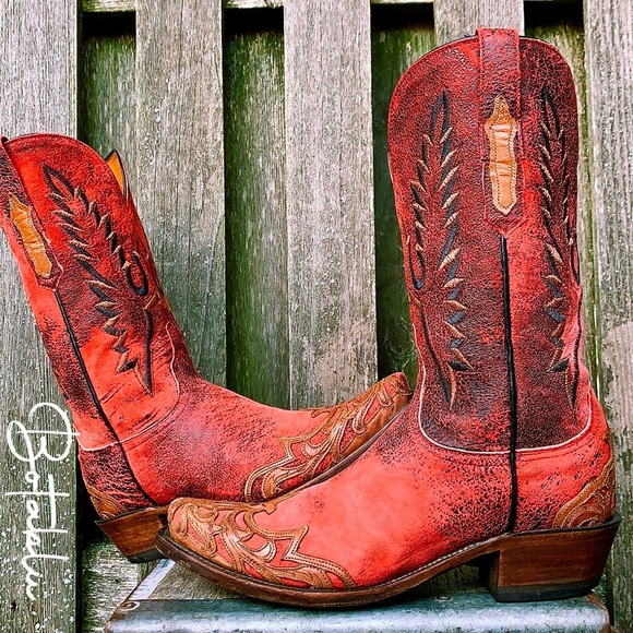 Lucchese Shoes - LUCCHESE Tooled Overlay Red Western Boots 8.5